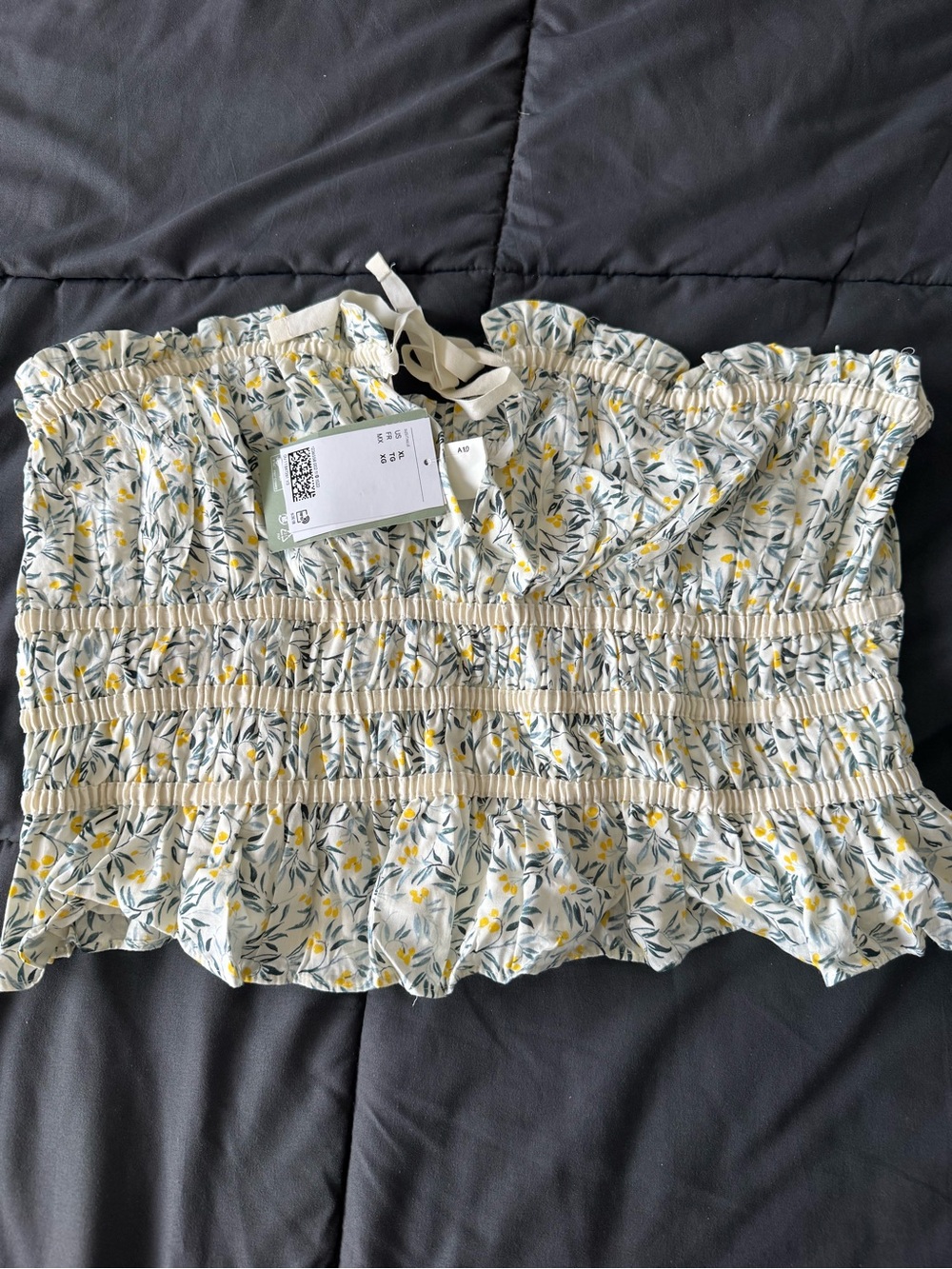 H&M Cream Smocked Floral Crop Top with Yellow Accents NWT